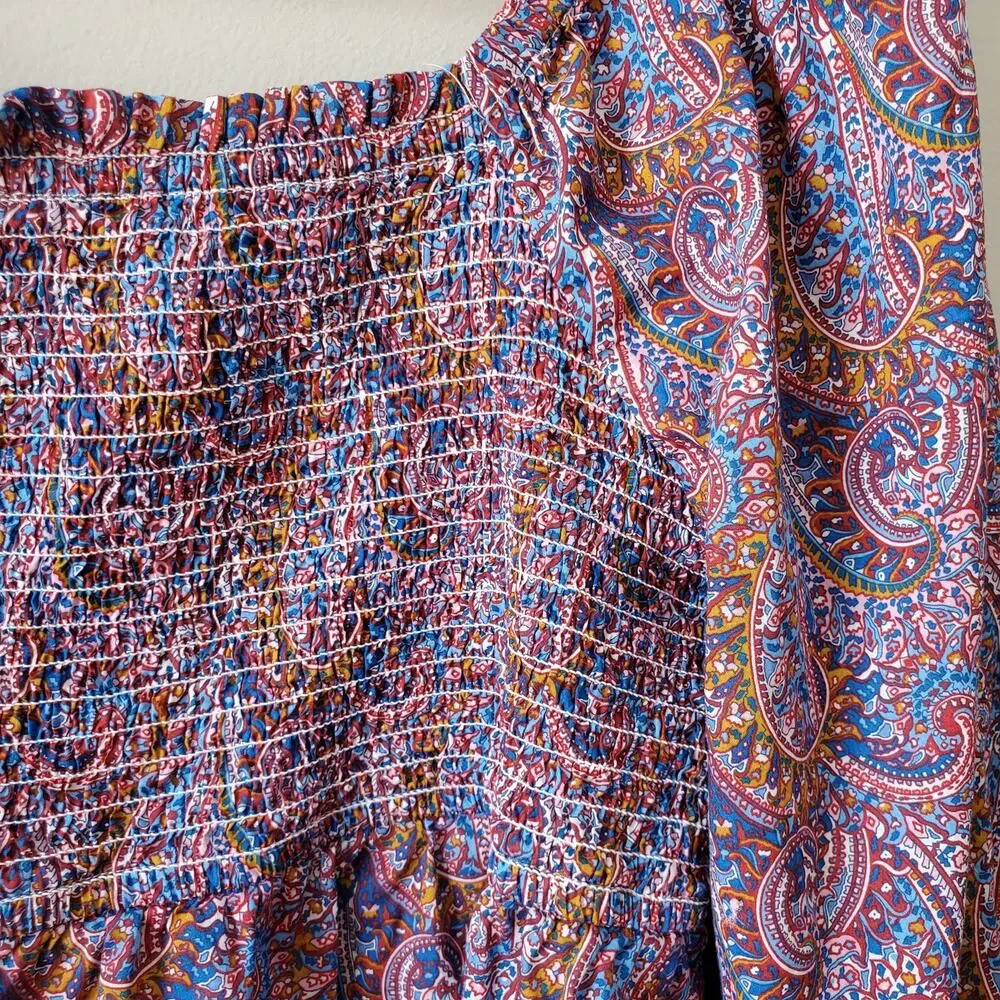 J Crew Liberty Tropical Prince Paisley Puff Sleeve Smocked Top 2X Fairy Boho
